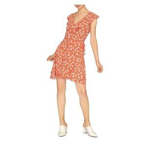 SANCTUARY Womens Orange Ruffled Side Tie Floral Cap Sleeve V Neck Wrap Dress M